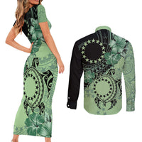 Cook Islands Turtle Couples Matching Short Sleeve Bodycon Dress and Long Sleeve Button Shirt Stars and Hibiscus - Green