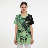 Cook Islands Turtle Scrub Top Stars and Hibiscus - Green LT01 - Polynesian Pride