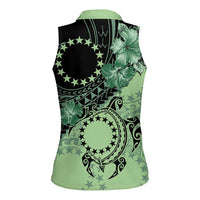 Cook Islands Turtle Women Sleeveless Polo Shirt Stars and Hibiscus - Green LT01 - Polynesian Pride