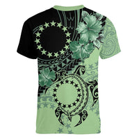 Cook Islands Turtle Women V-Neck T-Shirt Stars and Hibiscus - Green LT01 - Polynesian Pride