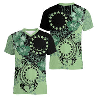 Cook Islands Turtle Women V-Neck T-Shirt Stars and Hibiscus - Green LT01 - Polynesian Pride