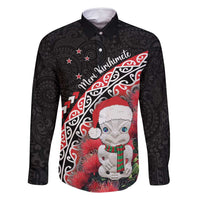 New Zealand Christmas Meri Kirihimete Family Matching Summer Maxi Dress and Hawaiian Shirt Santa Hei Tiki Pohutukawa LT01 Dad's Shirt - Long Sleeve Black - Polynesian Pride