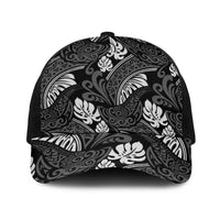 Grayscale Monstera Baseball Net Cap Polynesian Tribal Pattern - Polynesian Pride