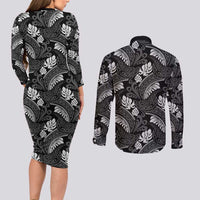 Grayscale Monstera Couples Matching Long Sleeve Bodycon Dress and Long Sleeve Button Shirt Polynesian Tribal Pattern - Polynesian Pride