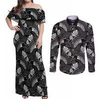 Grayscale Monstera Couples Matching Off Shoulder Maxi Dress and Long Sleeve Button Shirt Polynesian Tribal Pattern - Polynesian Pride