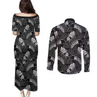 Grayscale Monstera Couples Matching Puletasi and Long Sleeve Button Shirt Polynesian Tribal Pattern - Polynesian Pride