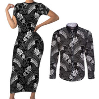 Grayscale Monstera Couples Matching Short Sleeve Bodycon Dress and Long Sleeve Button Shirt Polynesian Tribal Pattern - Polynesian Pride