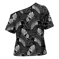 Grayscale Monstera Cross Shoulder Shirt Polynesian Tribal Pattern - Polynesian Pride