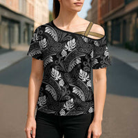 Grayscale Monstera Cross Shoulder Shirt Polynesian Tribal Pattern - Polynesian Pride