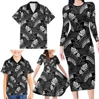 Grayscale Monstera Family Matching Long Sleeve Bodycon Dress and Hawaiian Shirt Polynesian Tribal Pattern - Polynesian Pride
