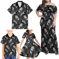 Grayscale Monstera Family Matching Off Shoulder Maxi Dress and Hawaiian Shirt Polynesian Tribal Pattern - Polynesian Pride