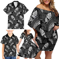 Grayscale Monstera Family Matching Off Shoulder Short Dress and Hawaiian Shirt Polynesian Tribal Pattern - Polynesian Pride