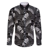 Grayscale Monstera Family Matching Off Shoulder Short Dress and Hawaiian Shirt Polynesian Tribal Pattern - Polynesian Pride