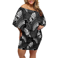 Grayscale Monstera Family Matching Off Shoulder Short Dress and Hawaiian Shirt Polynesian Tribal Pattern - Polynesian Pride