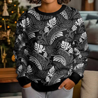 Grayscale Monstera Kid Ugly Christmas Sweater Polynesian Tribal Pattern - Polynesian Pride