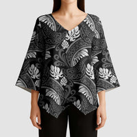 Grayscale Monstera Kimono Sleeve Blouse Polynesian Tribal Pattern - Polynesian Pride