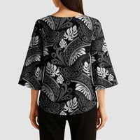 Grayscale Monstera Kimono Sleeve Blouse Polynesian Tribal Pattern - Polynesian Pride
