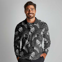 Grayscale Monstera Long Sleeve Polo Shirt Polynesian Tribal Pattern - Polynesian Pride