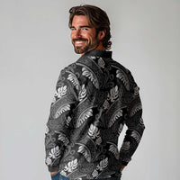 Grayscale Monstera Long Sleeve Polo Shirt Polynesian Tribal Pattern - Polynesian Pride