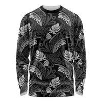 Grayscale Monstera Long Sleeve Shirt Polynesian Tribal Pattern - Polynesian Pride