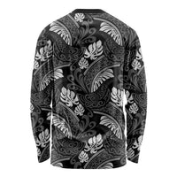 Grayscale Monstera Long Sleeve Shirt Polynesian Tribal Pattern - Polynesian Pride