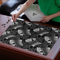 Grayscale Monstera Puzzle Polynesian Tribal Pattern - Polynesian Pride