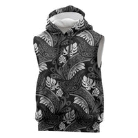 Grayscale Monstera Sleeveless Hoodie Polynesian Tribal Pattern - Polynesian Pride