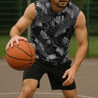 Grayscale Monstera Sleeveless Hoodie Polynesian Tribal Pattern - Polynesian Pride