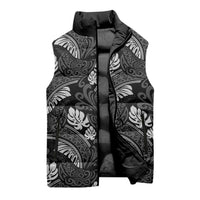Grayscale Monstera Sleeveless Puffer Jacket Polynesian Tribal Pattern - Polynesian Pride