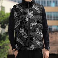 Grayscale Monstera Sleeveless Puffer Jacket Polynesian Tribal Pattern - Polynesian Pride