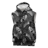 Grayscale Monstera Sleeveless Zip Hoodie Polynesian Tribal Pattern - Polynesian Pride
