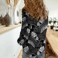Grayscale Monstera Women Casual Shirt Polynesian Tribal Pattern - Polynesian Pride