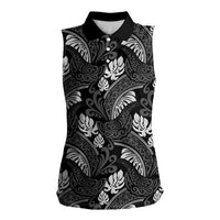 Grayscale Monstera Women Sleeveless Polo Shirt Polynesian Tribal Pattern - Polynesian Pride