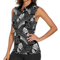 Grayscale Monstera Women Sleeveless Polo Shirt Polynesian Tribal Pattern - Polynesian Pride