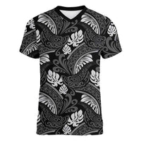 Grayscale Monstera Women V-Neck T-Shirt Polynesian Tribal Pattern - Polynesian Pride