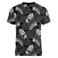 Grayscale Monstera Women V-Neck T-Shirt Polynesian Tribal Pattern - Polynesian Pride