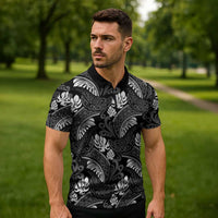 Grayscale Monstera Zipper Polo Shirt Polynesian Tribal Pattern - Polynesian Pride