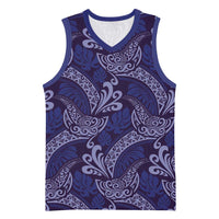 Deep Blue Monstera Basketball Jersey Polynesian Tribal Pattern - Polynesian Pride