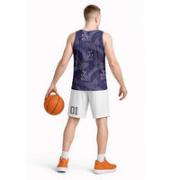 Deep Blue Monstera Basketball Jersey Polynesian Tribal Pattern - Polynesian Pride
