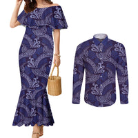 Deep Blue Monstera Couples Matching Mermaid Dress and Long Sleeve Button Shirt Polynesian Tribal Pattern - Polynesian Pride