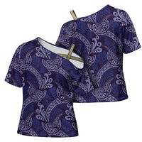 Deep Blue Monstera Cross Shoulder Shirt Polynesian Tribal Pattern - Polynesian Pride