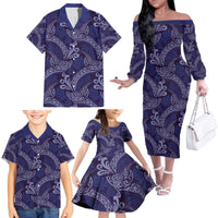 Deep Blue Monstera Family Matching Off The Shoulder Long Sleeve Dress and Hawaiian Shirt Polynesian Tribal Pattern - Polynesian Pride