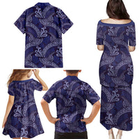 Deep Blue Monstera Family Matching Puletasi and Hawaiian Shirt Polynesian Tribal Pattern - Polynesian Pride
