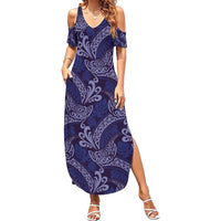 Deep Blue Monstera Family Matching Summer Maxi Dress and Hawaiian Shirt Polynesian Tribal Pattern - Polynesian Pride
