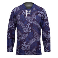 Deep Blue Monstera Hockey Jersey Polynesian Tribal Pattern - Polynesian Pride