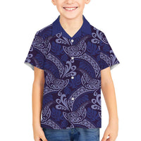 Deep Blue Monstera Kid Hawaiian Shirt Polynesian Tribal Pattern - Polynesian Pride