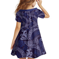 Deep Blue Monstera Kid Short Sleeve Dress Polynesian Tribal Pattern - Polynesian Pride