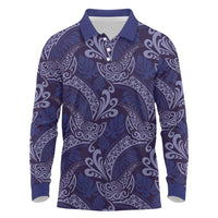 Deep Blue Monstera Long Sleeve Polo Shirt Polynesian Tribal Pattern - Polynesian Pride