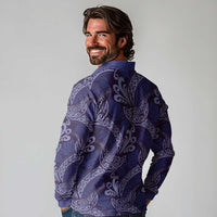 Deep Blue Monstera Long Sleeve Polo Shirt Polynesian Tribal Pattern - Polynesian Pride