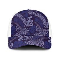 Deep Blue Monstera Mesh Trucker Cap Polynesian Tribal Pattern - Polynesian Pride
